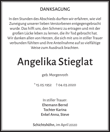 Traueranzeige von Angelika Stieglat von Südthüringer Presse