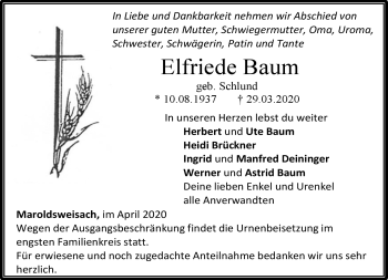 Traueranzeige von Elfriede Baum von Neue Presse Coburg