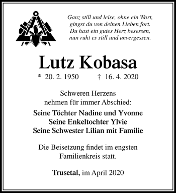 Traueranzeige von Lutz Kobasa von Südthüringer Presse