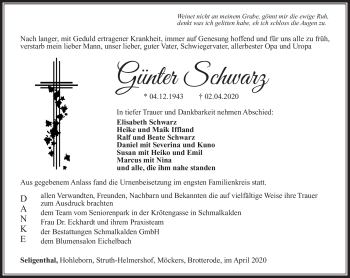 Traueranzeige von Günter Schwarz von Südthüringer Presse