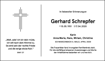 Traueranzeige von Gerhard Schrepfer von Frankenpost
