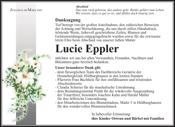 Traueranzeige von Lucie Eppler von Südthüringer Presse