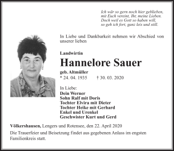 Traueranzeige von Hannelore Sauer von Südthüringer Presse