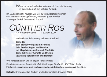 Traueranzeige von Günther Ros von Südthüringer Presse