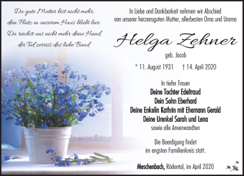 Traueranzeige von Helga Zehner von Südthüringer Presse