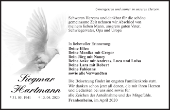 Traueranzeige von Siegmar Hartmann von Südthüringer Presse