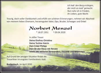Traueranzeige von Norbert Menzel von Südthüringer Presse