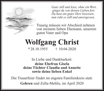 Traueranzeige von Wolfgang Christ von Südthüringer Presse