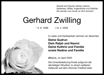 Traueranzeige von Gerhard Zwilling von Neue Presse Coburg