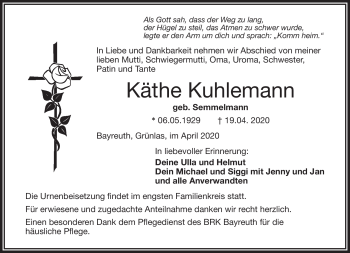 Traueranzeige von Käthe Kuhlemann von Frankenpost