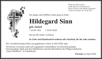Traueranzeige von Hildegard Sinn von Südthüringer Presse