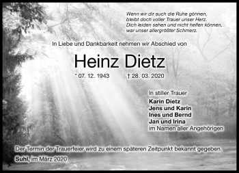 Traueranzeige von Heinz Dietz von Südthüringer Presse