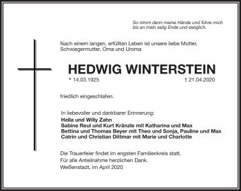 Traueranzeige von Hedwig Winterstein von Frankenpost