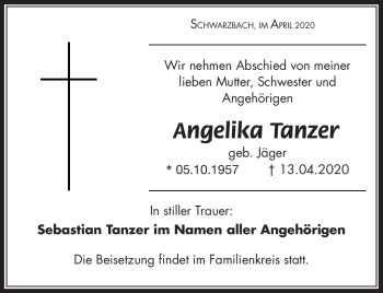 Traueranzeige von Angelika Tanzer von Südthüringer Presse