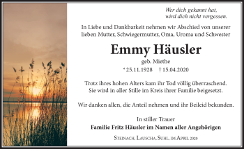 Traueranzeige von Emmy Häusler von Südthüringer Presse