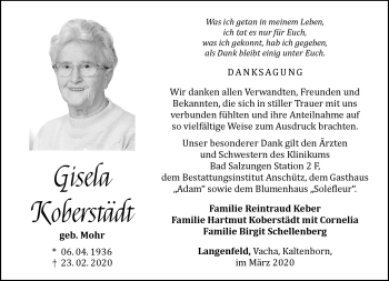 Traueranzeige von Gisela Koberstädt von Südthüringer Presse