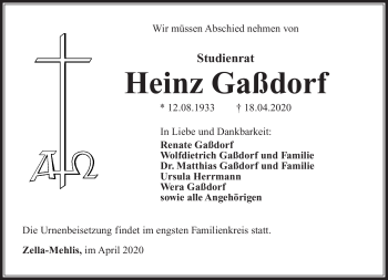 Traueranzeige von Heinz Gaßdorf von Südthüringer Presse