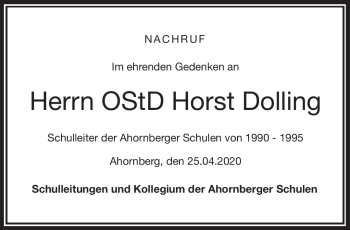 Traueranzeige von Horst Dolling von Frankenpost
