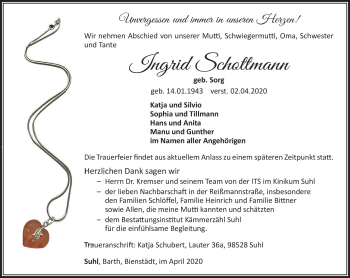 Traueranzeige von Ingrid Schottmann von Südthüringer Presse