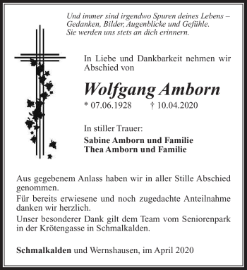 Traueranzeige von Wolfgang Amborn von Südthüringer Presse