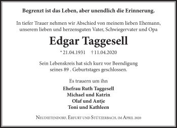 Traueranzeige von Edgar Taggesell von Südthüringer Presse