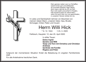 Traueranzeige von Willi Hick von Frankenpost