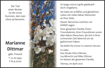 Traueranzeige von Marianne Dittmar von Südthüringer Presse