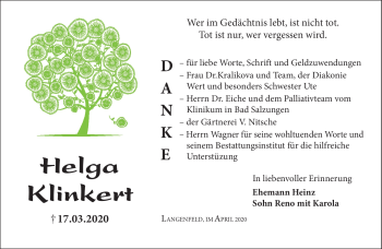 Traueranzeige von Helga Klinkert von Südthüringer Presse