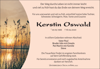 Traueranzeige von Kerstin Oswald von Südthüringer Presse