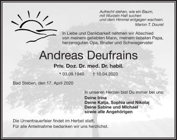 Traueranzeige von Andreas Deufrains von Frankenpost