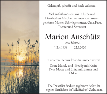 Traueranzeige von Marion Anschütz von Neue Presse Coburg