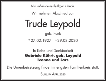 Traueranzeige von Trude Leypold von Südthüringer Presse