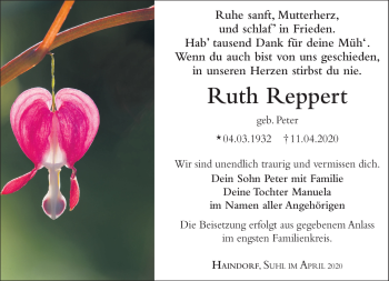 Traueranzeige von Ruth Reppert von Südthüringer Presse