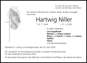 Traueranzeige von Hartwig Niller von Neue Presse Coburg