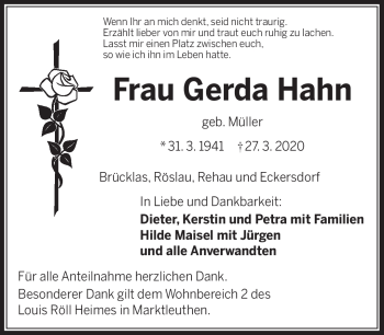 Traueranzeige von Gerda Hahn von Frankenpost