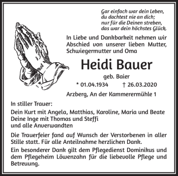Traueranzeige von Heidi Bauer von Frankenpost