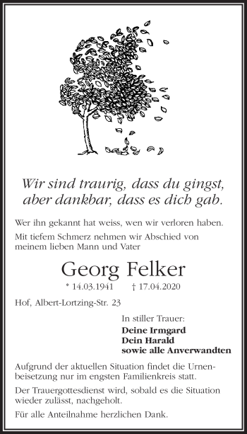 Traueranzeige von Georg Felker von Frankenpost