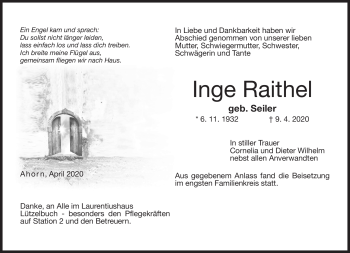 Traueranzeige von Inge Raithel von Neue Presse Coburg
