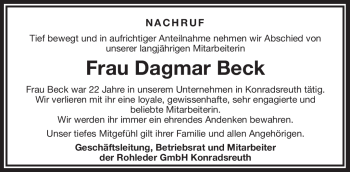 Traueranzeige von Dagmar Beck von Frankenpost