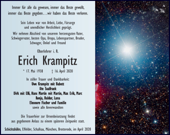 Traueranzeige von Erich Krampitz von Südthüringer Presse
