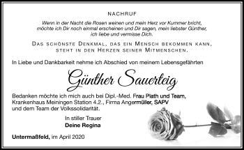 Traueranzeige von Günther Sauerteig von Südthüringer Presse