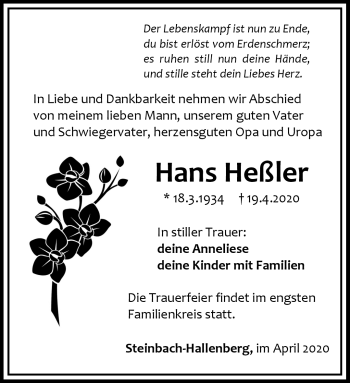 Traueranzeige von Hans Heßler von Südthüringer Presse