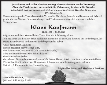 Traueranzeige von Klaus Kaufmann von Südthüringer Presse