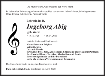 Traueranzeige von Ingeborg Abig von Südthüringer Presse