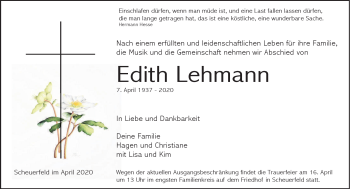 Traueranzeige von Edith Lehmann von Neue Presse Coburg