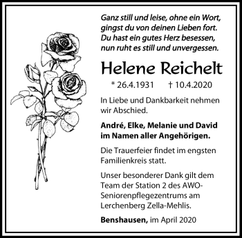 Traueranzeige von Helene Reichelt von Südthüringer Presse