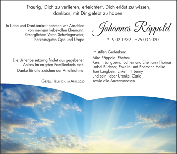 Traueranzeige von Johannes Räppold von Südthüringer Presse