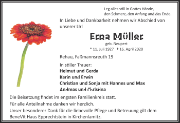 Traueranzeige von Erna Müller von Frankenpost