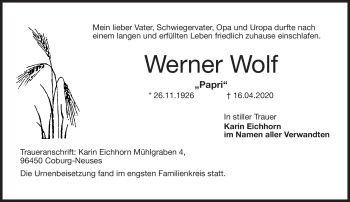 Traueranzeige von Werner Wolf von Neue Presse Coburg