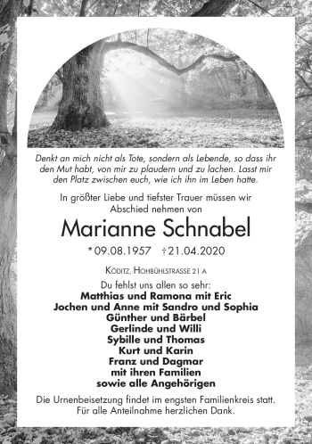 Traueranzeige von Marianne Schnabel von Frankenpost